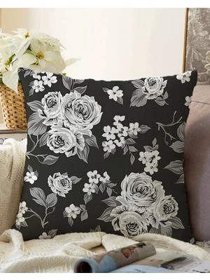 Çift Taraflı Siyah Zeminde Çiçek Desenli Dijital Baskılı Modern Raşel Örme Yastık Kırlent Kılıfı