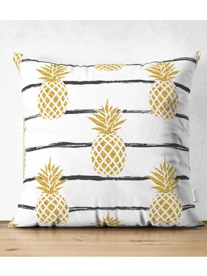 Çift Taraflı Beyaz Zemin Üzerinde Gold Renkli Ananas Desenli Modern Süet Yastık Kırlent Kılıfı