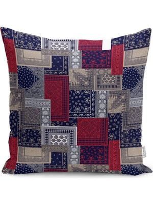 Lacivert - Kırmızı Zeminde Patchwork Motifli Kilim Desenli Dijital Baskılı Yastık Kırlent Kılıfı