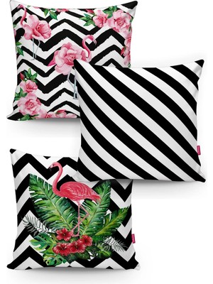 Modern Flamingo Motifli Dekoratif 3'lü Kırlent Kılıfı Seti