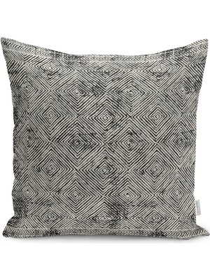 Ekru - Siyah Zeminde Kilim Motifli Dokuma Halı Desenli Dijital Baskılı Yastık Kırlent Kılıfı