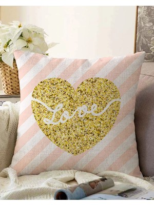 Çift Taraflı Beyaz Zeminli Gold Renkli Love Yazılı Dijital Baskılı Modern Raşel Örme Kırlent Kılıfı