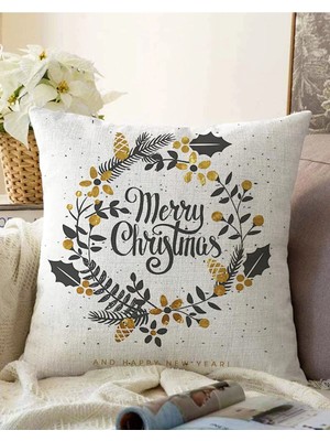 Çift Taraflı Beyaz Zeminli Merry Christmas Yazılı Dijital Baskılı Raşel Örme Yastık Kırlent Kılıfı