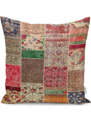 Kırmızı - Krem Zeminde Patchwork Motifli Geleneksel Desenli Dijital Baskılı Yastık Kırlent Kılıfı