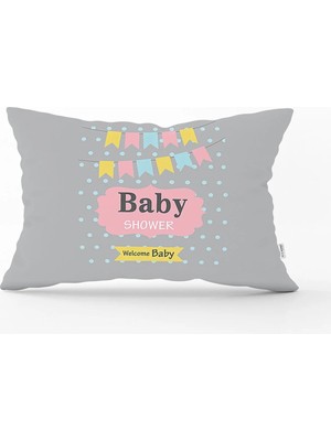 Gri Zeminde Baby Shower Desenli Özel Tasarım Bebek Odası Dikdörtgen Yastık Kılıfı