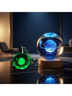 FT Tasarım Işıklı Satürnlü Kız Cam Küre - Renk Değiştiren Gece Lambası - Kristal Anahtarlık Seti
