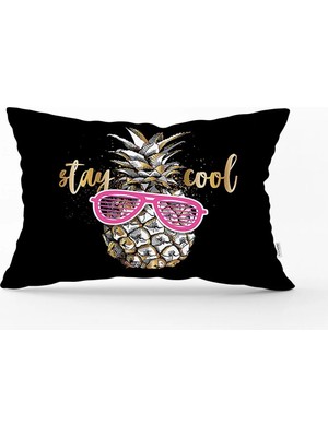 Siyah Zeminde Cool Ananas Desenli Modern Dikdörtgen Yastık Kırlent Kılıfı
