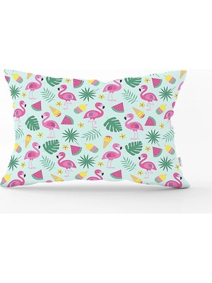 Summer Flamingo Motifli Özel Tasarım Dijital Baskılı Dikdörtgen Yastık Kırlent Kılıfı