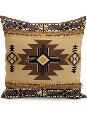 Kahverengi Zeminde Geometrik Motifli Kilim Desenli Dijital Baskılı Yastık Kırlent Kılıfı