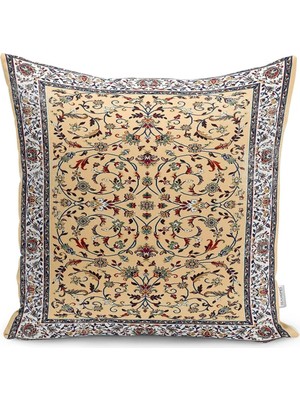 Bej Zeminde Kilim Motifli Osmanlı Desenli Dijital Baskılı Yastık Kırlent Kılıfı