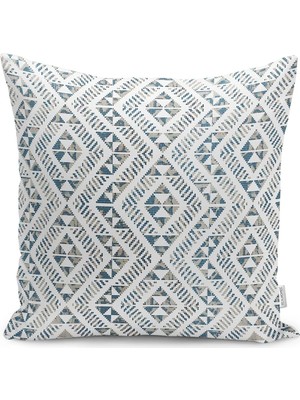 Mavi Zeminde Yöresel Motifli Kilim Desenli Dijital Baskılı Yastık Kırlent Kılıfı