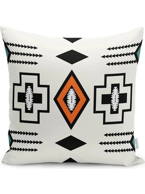 Siyah - Beyaz Zeminde Geometrik Motifli Kilim Desenli Dijital Baskılı Yastık Kırlent Kılıfı