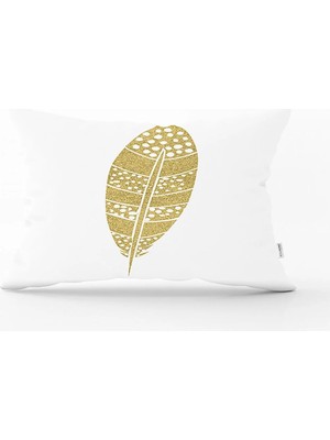 Beyaz Zeminde Gold Kuş Tüyü Desenli Dijital Baskılı Modern Dikdörtgen Yastık Kırlent Kılıfı