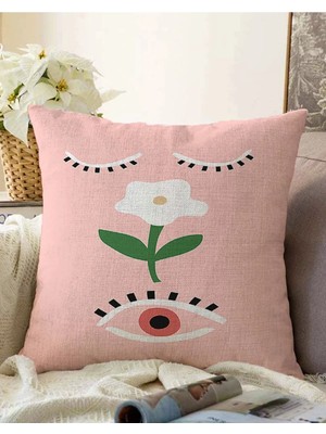 Çift Taraflı Pudra Zeminde Onedraw Çizimli Çiçek Desenli Modern Raşel Örme Yastık Kırlent Kılıfı