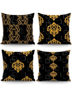 Siyah Gold Vintage Desenli 4'lü Kırlent Kılıfı Seti