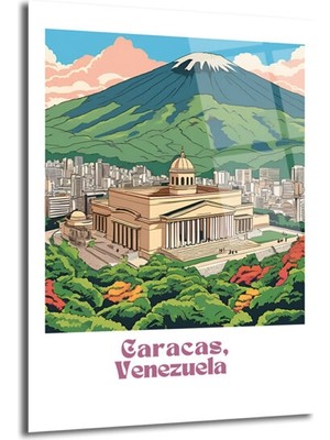 GLAZELLA Vintage Caracas Venezuela Şehir ve Dağ Manzarası Cam Tablo