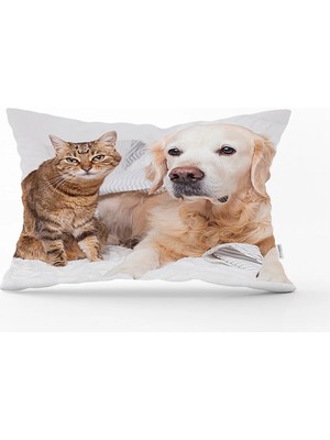 Sevimli Kedi ve Köpek Baskılı Modern Dikdörtgen Yastık Kırlent Kılıfı