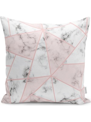 Pembe - Beyaz Zeminde Mermer Motifli Geometrik Desenli Dijital Baskılı Yastık Kırlent Kılıfı
