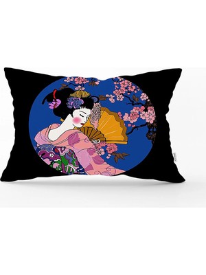 Çiçek Desenli Yelpazeli Japon Kız Motifli Modern Dikdörtgen Yastık Kılıfı