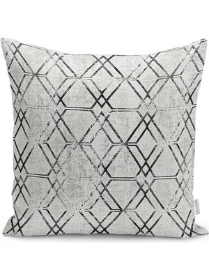 Siyah - Gri Zeminde Geometrik Motifli Kilim Desenli Dijital Baskılı Yastık Kırlent Kılıfı
