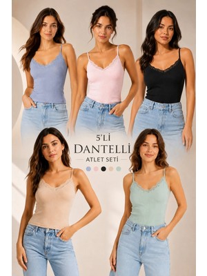 Fevien 5'li Paket Kadın Pamuklu Ince Askılı Dantel Detaylı Bisiklet Yaka Ribana Esnek Atlet Günlük Rahat Iç Giyim Çoklu Set