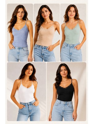 Fevien 5'li Paket Kadın Pamuklu Ince Askılı Dantel Detaylı Bisiklet Yaka Ribana Esnek Atlet Günlük Rahat Iç Giyim Çoklu Set