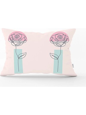Pembe Zeminde Gül Motifli Bohemian Dekoratif Dikdörtgen Kırlent Kılıfı
