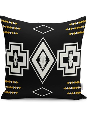 Siyah Zeminde Kilim Motifli Geometrik Desenli Dijital Baskılı Yastık Kırlent Kılıfı