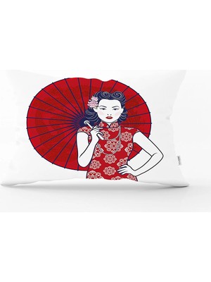 Sırtında Kırmızı Şemsiyeli Japon Kadın Motifli Dikdörtgen Kırlent Kılıfı