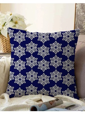 Çift Taraflı Lacivert Zeminli Beyaz Kartanesi Desenli Dijital Baskılı Modern Raşel Kırlent Kılıfı
