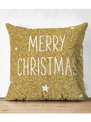 Çift Taraflı Gold Zeminde Merry Christmas Yazılı Dijital Baskılı Modern Süet Yastık Kırlent Kılıfı