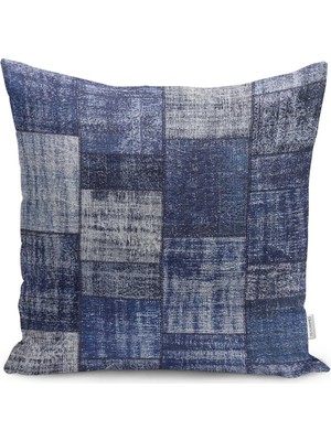 Mavi Zeminde Patchwork Motifli Retro Desenli Dijital Baskılı Yastık Kırlent Kılıfı