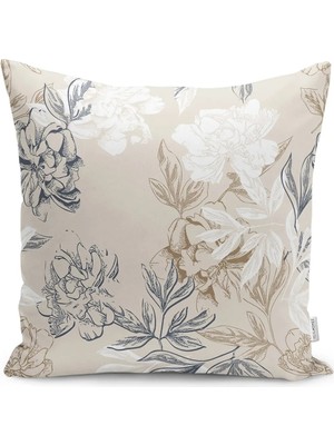 Ekru - Gri Zeminde Floral Motifli Çiçek Desenli Dijital Baskılı Yastık Kırlent Kılıfı