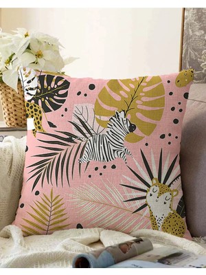 Çift Taraflı Pastel Zeminde Gold Detaylı Yaprak Desenli Modern Raşel Örme Yastık Kırlent Kılıfı