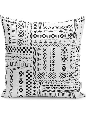 Siyah - Beyaz Zeminde Tribal Motifli Etnik Desenli Dijital Baskılı Yastık Kırlent Kılıfı