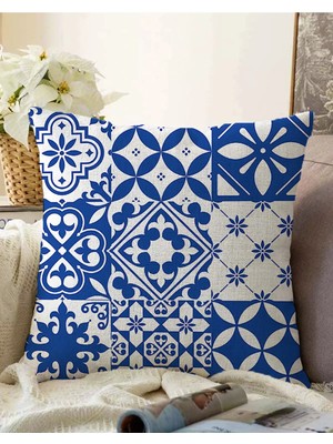 Çift Taraflı Beyaz Zeminde Çini Desenli Dijital Baskılı Modern Raşel Örme Yastık Kırlent Kılıfı