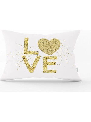 Beyaz Zeminli Gold Renkli Love Yazılı Dijital Baskılı Modern Dikdörtgen Yastık Kırlent Kılıfı