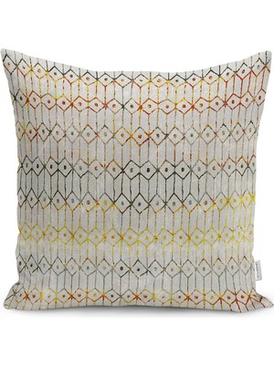 Krem - Ekru Zeminde Etnik Motifli Kilim Desenli Dijital Baskılı Yastık Kırlent Kılıfı