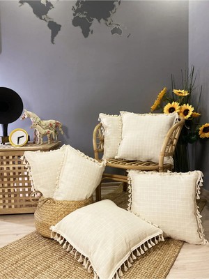 4+2 Handmade Natural %100 Organik Pamuklu 4 Kenar Püsküllü Kırlent Kılıfı Seti