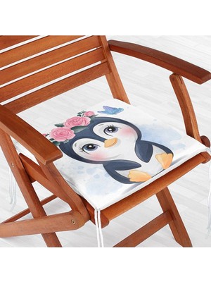 Sevimli Bebek Penguen Çocuk Odası Dijital Baskılı Fermuarlı Sandalye Minderi