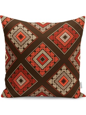 Kahverengi Zeminde Geleneksel Motifli Kilim Desenli Dijital Baskılı Yastık Kırlent Kılıfı