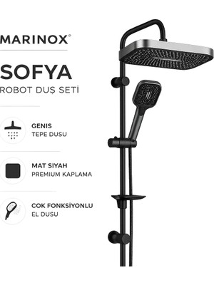 Marinox Sofya Mat Siyah Robot Duş Seti Geniş Tepe Duşlu Çok Fonksiyonlu El Duşlu Modern Banyo Duş Sistemi