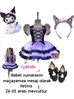 3b Kids Kuromi Işıklı Elbise Kostüm Kuromi Taç Kuromi Siyah Babet  Doğum Günü Parti Seti