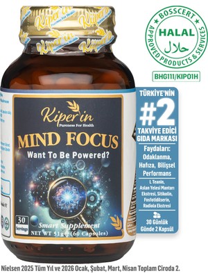 Kiperin Mind Focus Aslan Yelesi Mantarı, Sitikolin, Rhodiola, L-Theanin .. (1440MG) | Akıllı Gıda Takviyesi