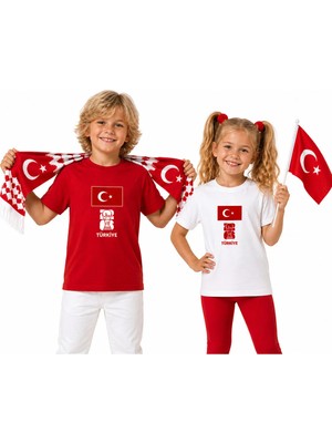 Efendioğlu Design Ortada Kare Bayrak Baskılı Altında World Cup 2026 Logo Baskılı Pamuklu Milli Takım Çocuk Tişört