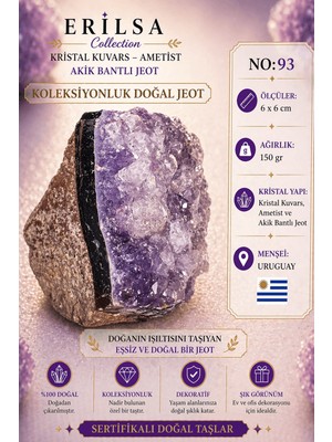 Erilsa Sertifikalı Kristal Kuvars Ametist Akik Bantlı Jeot Doğal Taş Koleksiyonluk Dekoratif 6x6 cm NO93