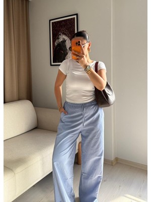 Kadın Mavi Çizgili Geniş Paça Rahat Basic Pantolon