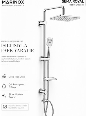 Marinox Sema Royal Premium Krom Robot Duş Seti Geniş Tepe Duşlu Tek Fonksiyonlu El Duşlu Modern Banyo Duş Sistemi