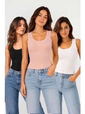 Fevien 3'lü Set Kadın U Yaka Kalın Askılı Penye Kaşkorse Atlet - Dört Mevsim Kullanıma Uygun Terletmez Pamuklu Esnek Fitilli Basic Günlük Iç Giyim Rahat Atlet Takımı Ekonomik Çoklu Paket