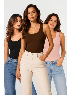 Fevien 3'lü Set Kadın U Yaka Kalın Askılı Penye Kaşkorse Atlet - Dört Mevsim Kullanıma Uygun Terletmez Pamuklu Esnek Fitilli Basic Günlük Iç Giyim Rahat Atlet Takımı Ekonomik Çoklu Paket